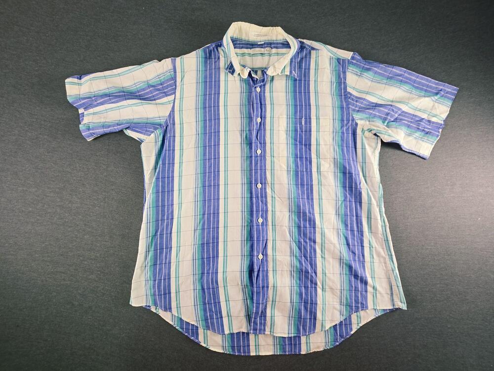 Vintage Christian Dior Shirt Mens XL Blue Stripe Short Sleeve Button Hong Kong